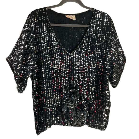 VTG Sequins Queen Medium Silk Beaded Top Black Silver Sequin Floral Embellished* - Picture 1 of 13